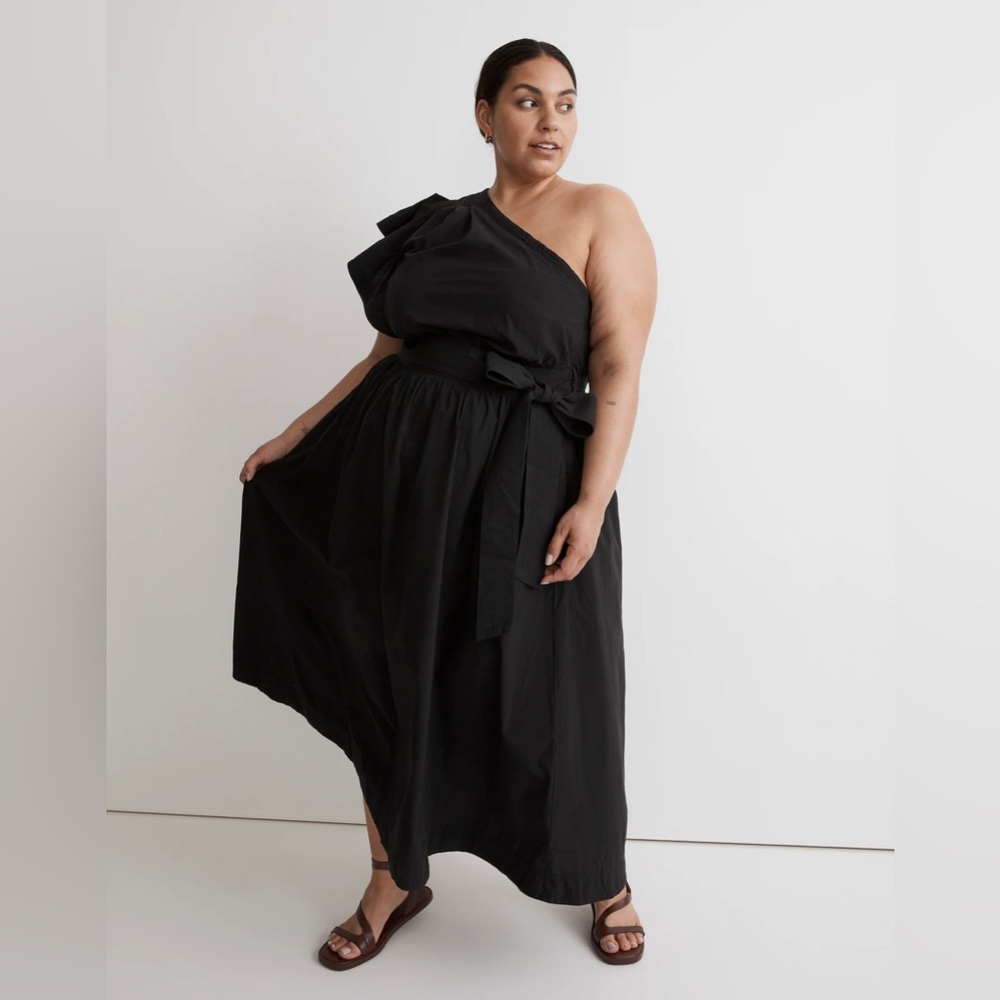 Madewell Ruffle One Shoulder Black Midi Dress Tie Waist Cotton 14W